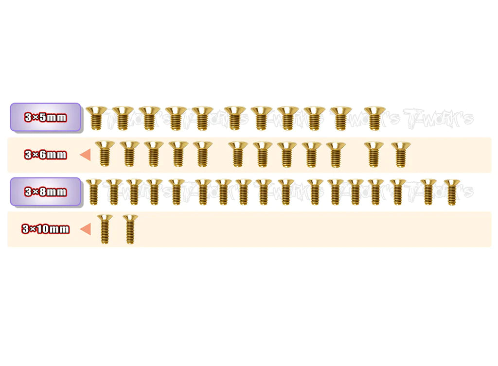 T-Works GSS-A800R-B Gold Plated Steel Screw Set (Bottom) 42pcs. for Awesomatix A800R ) - RCXX - rc racing for professionals